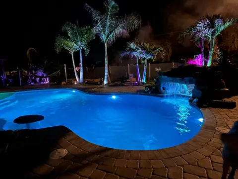 Pool lit blue at night with palm trees and a fire feature